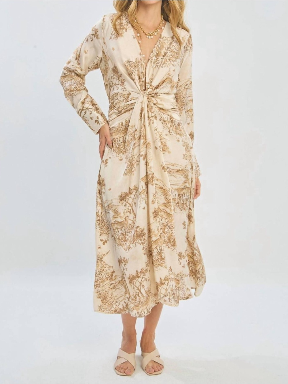 Dress Forum Cream and Brown Scenic Knot-Front Dress